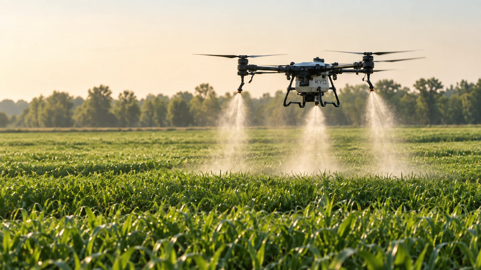 Dron wykonujący oprysk nad uprawą