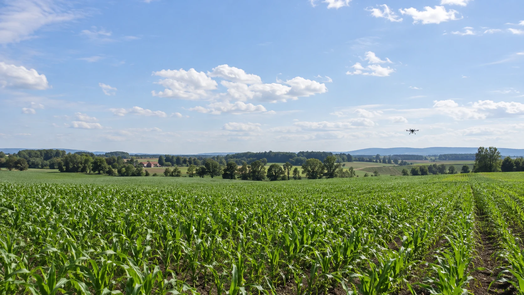 Dron rolniczy pracujący nad zieloną uprawą w dziennym świetle