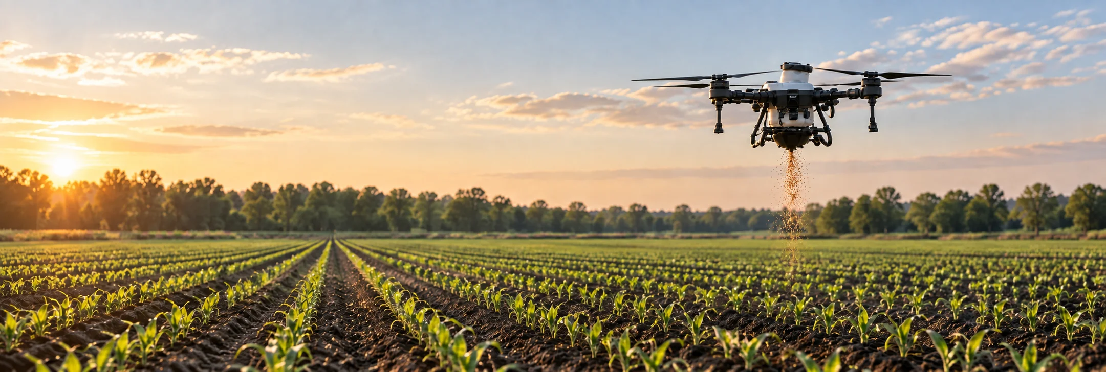 Dron KYO Terra w całości wysiewający nasiona nad rzędami uprawy