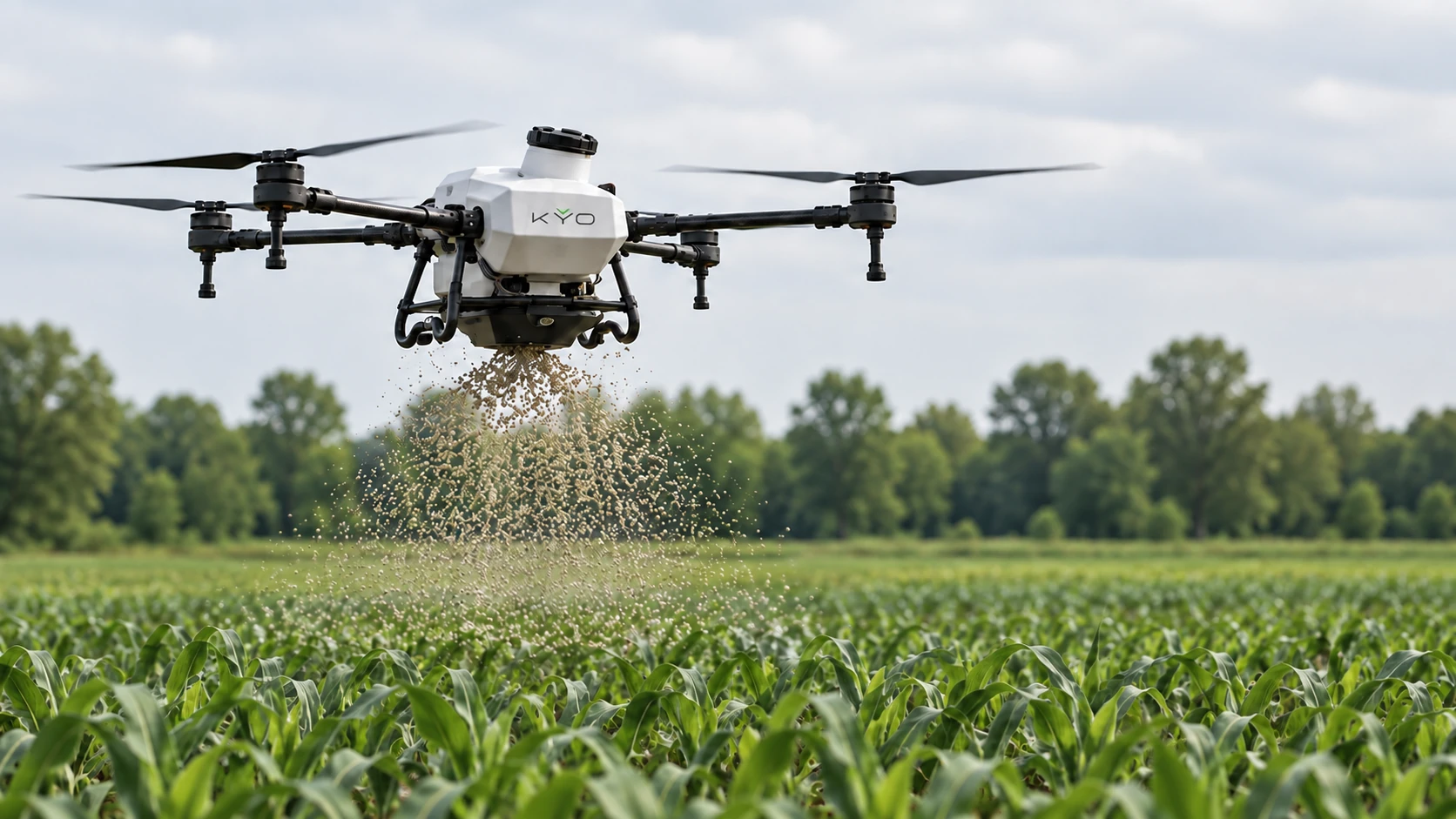 Dron rozsiewający granulat na polu